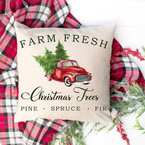 Christmas Pillow Cover, Christmas Truck, Indoor/Outdoor, Holiday Decor - Picture 1 of 3